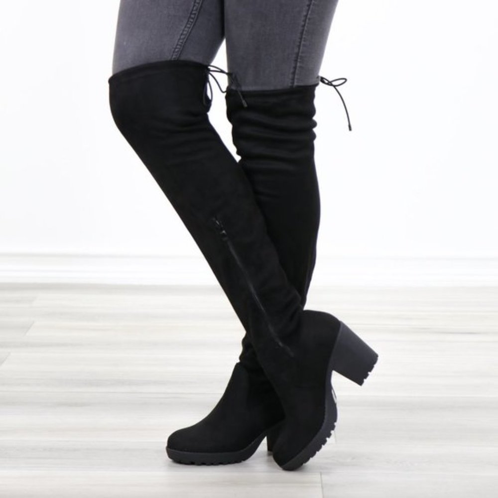 Lug Chunky Heel BlackThigh High Suede Boots - Picture 14 of 16
